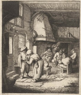 Man pays his expenses to woman in an inn, Adriaen van Ostade, 1648-1653