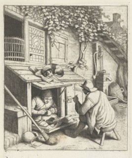 Shoemaker in store for his house and a customer, Adriaen van Ostade, 1671