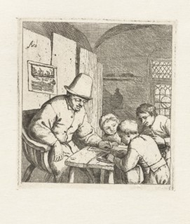 Schoolmaster with three students at table, Adriaen van Ostade, 1671 - 1679