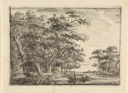 Fishermen in boat to wooded shore, Hermanus van Brussel, c. 1800 - in or before 1815