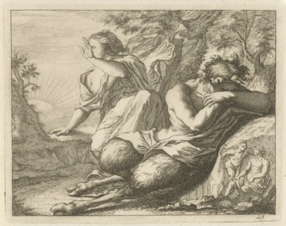 Sater and female figure cover the eyes from sunlight, Arnold Houbraken, Anonymous, 1700 - 1750