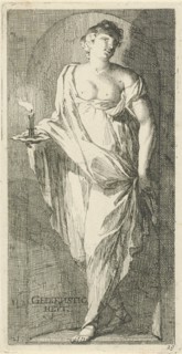 A female figure as the personification of obsequiousness in a niche, with her right hand in a