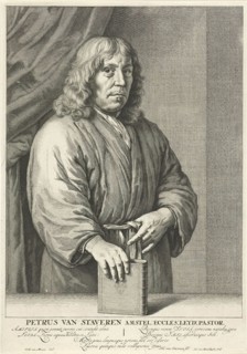 Portrait of Petrus van Staveren, pastor of Leiden The Netherlands, his hand resting on a Bible,