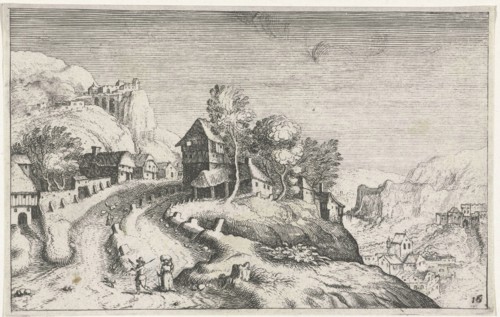Village in a mountain landscape, Matthijs Bril, Josse van Liere, Hendrick Hondius (I), 1614