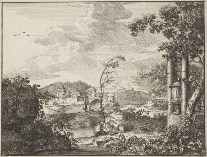 River landscape with hills and a town, Anonymous, 1701