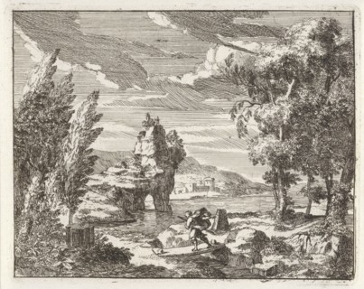 A river landscape with travelers, Anonymous, 1701