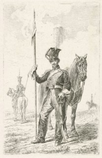 Soldier with a spear beside his horse, Johannes Mock, 1810 - 1884