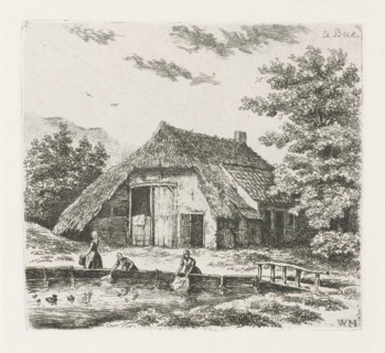 Three women doing laundry in the water for a farm in Beek, The Netherlands, print maker: Christiaan