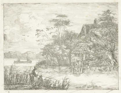 Landscape with farm water and two fishermen, Albertus Brondgeest, 1796 - 1849