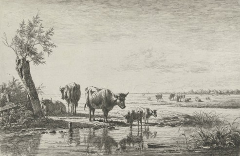 Meadow Landscape with cows in water, Simon van den Berg, 1822-1891