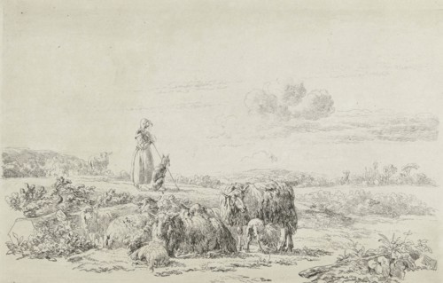 Landscape with shepherd dog with sheep herd, Simon van den Berg, 1822 - 1899