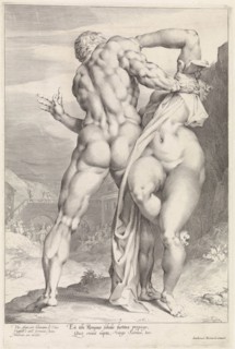 Rape of a Sabine woman, rear view, print maker: Jan Harmensz. Muller, Adriaen de Vries, Louis