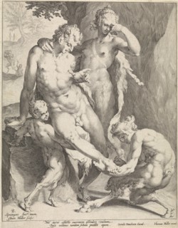 A Oreade, with spectacles on nose, removing a thorn from the foot of a satyr, the satyr is