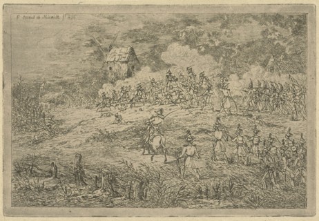 Battle between cavalry and infantry, print maker: Gerardus Emaus de Micault, 1856