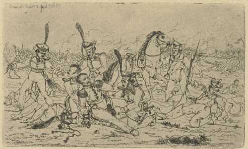 One of his horse fallen General is helped by his men, in the background is a battle going on, print