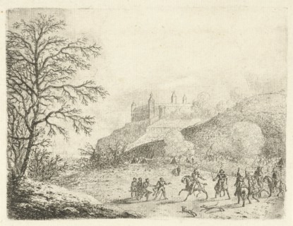 Cavalrymen at a tent camp at the bottom of a hill, in the background the fortress Ehrenbreitstein,