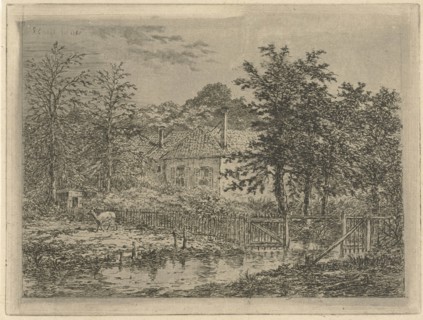 View of a house located between trees and shrubs, at the gate with a deer, print maker: Gerardus