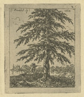 Under a beech a hunter aims his rifle at a duck, in the background a farm on the water, print