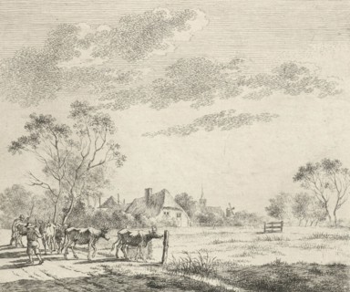 Landscape with farm and pasture, a path with two farmers who drive the cows to the pasture, a