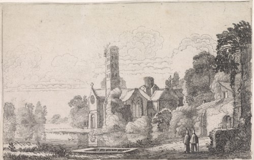 Two monks at an abbey in a river landscape, Jan van de Velde (II), 1603 - 1641
