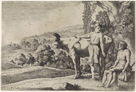 Mercury is pointing to the cow Io and looks at Argus, which sits on a stone block, scene from