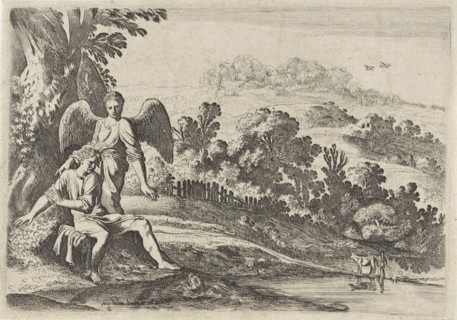 Tobias scares the fish, print maker: Moyses van Wtenbrouck, Hendrick Hondius I, 1620 and/or in or