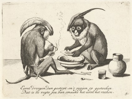 Two monkeys smoking a pipe, Quirin Boel, David Teniers II, print maker: Anonymous, 1635 - 1724