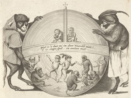 Title print of a series of six prints in which various human activities are represented by monkeys,