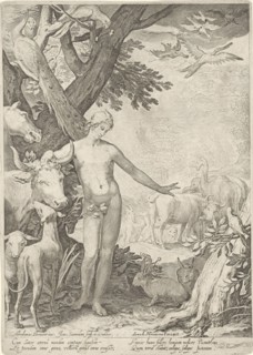 Adam stands in the foreground, around him all kinds of animals bull, dog, Schapp, snake, rabbit,