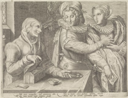 Young couple and an old woman with money box (Unequal love), Anonymous, Jan Saenredam, Hendrick