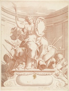 Victory holding a palm branch in his hand and holds a shield, that crowned with the cardinal's hat,