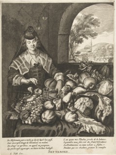 September represented as woman at table laden with fruits and vegetables, Cornelis van Dalen II,