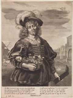 April: Young man with flower basket, Anonymous, Jonas Suyderhoef, Joachim von Sandrart, 1670 - 1726