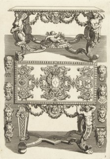The upper table is shown in perspective, with the lower table top is shown upright, on both sides