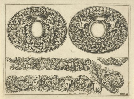 Two oval lids for boxes, two leafs, a small plate and a corner motif of leaf tendrils, Anthonie de