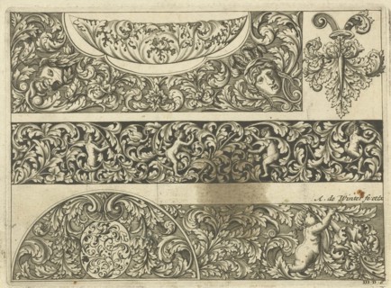 Three strips with foliate scrolls, masks and putti, Anthonie de Winter, Anonymous, 1696