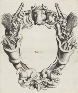 Cartouche with lobe ornament with animals, print maker: Michiel Mosijn, Gerbrand van den Eeckhout,