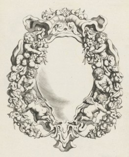 Cartouche with lobe ornament with four children and two angels, print maker: Michiel Mosijn,