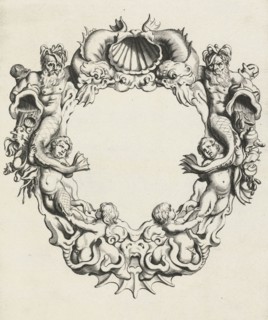 Cartouche with lobe ornament, a top shell flanked by dolphins, print maker: Michiel Mosijn,