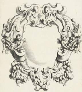 Cartouche with lobe ornament with two putti, print maker: Michiel Mosijn, Gerbrand van den