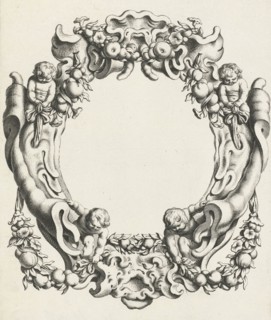 Cartouche with lobe ornament, above and below a mask, Michiel Mosijn, Gerbrand van den Eeckhout,