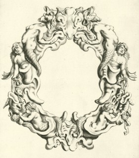 Both the lower right and left under a sea god blowing on a sea shell, print maker: Michiel Mosijn,