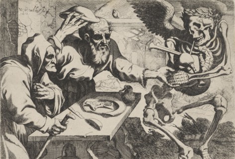 Old couple with bagpipes playing Death, print maker: Werner van den Valckert, Werner van den