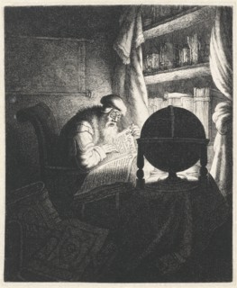 Reading man with glasses in a study room, print maker: Jan Gillisz. van Vliet, 1634