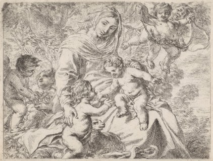 In a landscape is Mary with the Christ Child on her lap, her other hand rests on the back of the