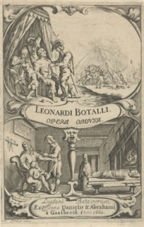 Cartouche with a battlefield and a doctor who takes care of the wounded for a tent, Cartouche with
