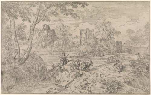 Arcadian landscape with a goatherd. print maker: Abraham Genoels, 1650 - 1723