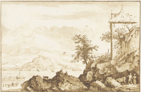 Landscape with in the background the river Rhine, a city wall and two hikers with a cow, print