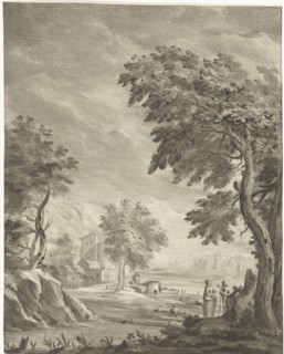 Landscape with pedestrians on the side of a road, the outline of a city, the road follows the river