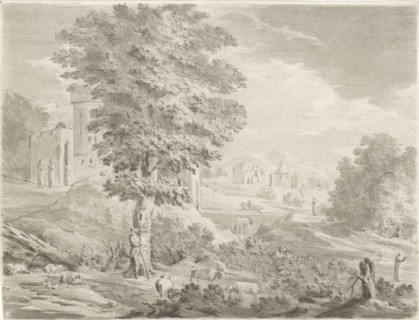 Landscape with a city in the background, a shepherd against a tree around him graze his sheep,